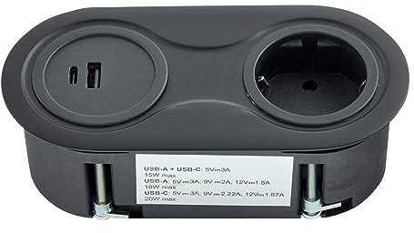 SOTECH Presa da incasso (1 x connessione USB / 1 x connessione USB-C / 1 x presa di sicurezza) elemento di presa ovale nero incl. cavo di collegamento