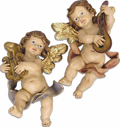 FADEDA 2 ángeles de pared con arpa y laúd de 21 cm de altura, pintados a mano, figuras de belén detalladas, decoración de mesa de Navidad, accesorios para belén
