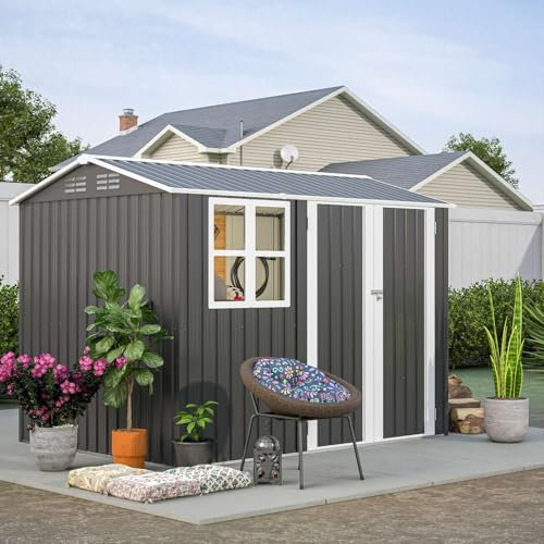 BIRCHTREE Garden Shed Steel Apex Roof House Outdoor Backyard Storage With Lockable Double Doors Window Free Foundation Tool Equipment Organizer Air Vents 8x6FT Anthracite