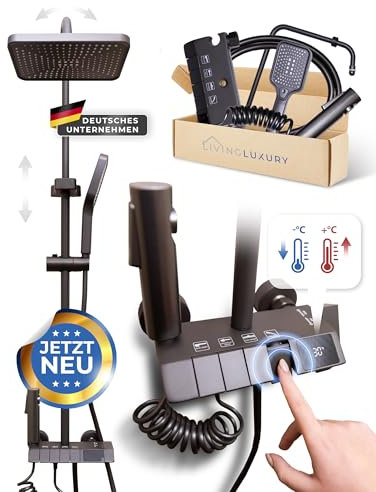 Thermostat-Duschsystem, große Edelstahl Regendusche Set in Schwarz, mit Handbrause, Kopfbrause, Verstellbare Duschstange. Pro-Edition