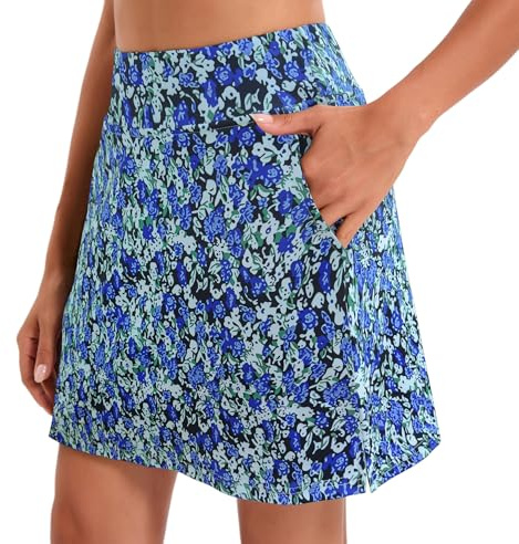 Oyamiki Ladies Golf Skorts Summer A Line Hockey Skort Elasticated Waistband Skirts with Shorts Underneath Flower Blue M