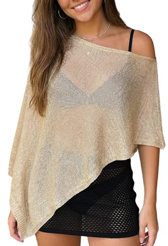 LYSINK Women's Sheer Ponchos Shrug Off Shoulder Solid Color Asymmetrical Knit Shawls Summer See Through Cover Up (A-a-Khaki, S)