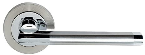 MICEL - 06063 - Juego de Manilla con Roseta Circular (50mm) para puerta de aluminio. Acabado en cromo brillo y níquel satinado. 50 x 120 mm