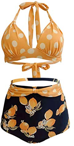 Bslingerie® Women Halter Retro High Waisted Bikini Swimsuit 2 Pcs Set (Yellow Floral, XXL)