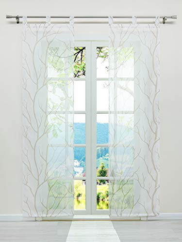 ESLIR Skjutgardiner set om 2 gardiner med öglor skjutgardin transparent slinga med grenar mönster voile vit sand B x H 57 x 145 cm, 2 stycken