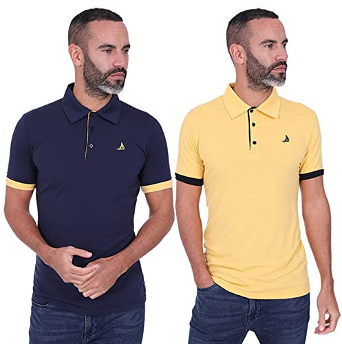 Blu Apparel Short Sleeve 2 Pack Multipack Polo T-Shirt Shirt Golf Black White Grey Navy (L, Navy & Mustard)