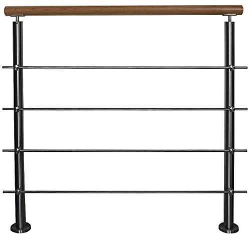 TIBU Edelstahl Geländer Aufmontage mit Eiche Handlauf und waagerechten Streben für Balkon Terrasse Treppe mit 4 Streben 2,0 m mit 3 Pfosten