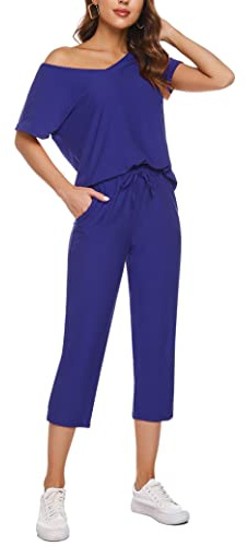 Totatuit Sportivo Donna Completo Tute da Ginnastica da Donna Due Pezzi Estiva T-Shirt & 3/4 Pantaloni Casual Casa Pigiama Set Jogging Training Zaffiro XXL