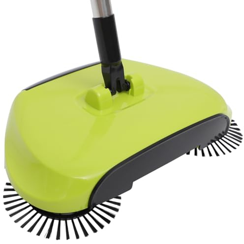 Manual Push Floor Sweeper Broom, Hand Push Sweeper with Enclosed Dustpan Bin, 3‑in‑1 360° Rotating Floor Cleaning Brush Mop Machine Adjustable Handle Vacuum‑Free for Tile Hardwood Carpet Green