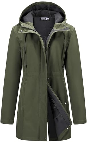 Outdoor Ventures Womens Waterproof Softshell Jacket Long Hooded Windbreaker | Fleece lined, Windproof, 2-Way Zipper, 4 Pockets, Adjustable Waist, Warm, Breathable, for Outdoor Hiking Walking