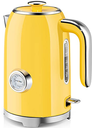 SUSTEAS Electric Kettle - 57oz Hot Tea Kettle Water Boiler with Thermometer, 1500W Fast Heating Stainless Steel Tea Pot, Cordless with LED Indicator, Auto Shut-Off & Boil Dry Protection, Retro Yellow