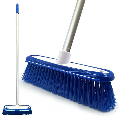 TDBS The Dustpan and Brush Store Colour-Coded Soft Broom Sweeping with Stainless Steel Handle Built-In Scraper, Long for Domestic Commercial Use (Blue), (104158H)