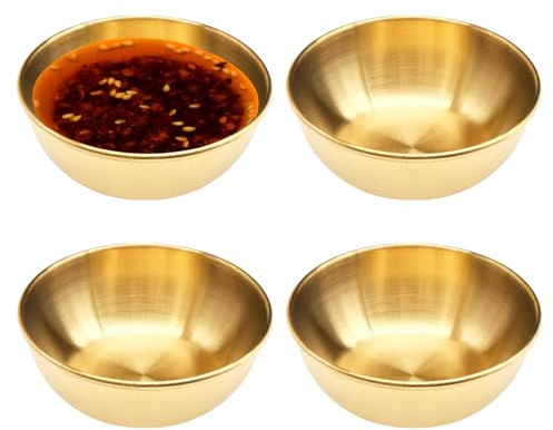 INHEMING 4 Piezas Cuencos de de Salsas, Pequeños Cuencos Dorado de Acero Inoxidable, Cuencos para Especias,Cuencos para Sushi ,Mini Cuencos de Inmersión , Cuencos para Servir Aperitivos