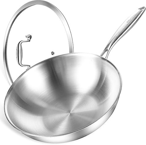 DELARLO Woks & Stir-Fry Pans - 13 in Tri-Ply Stainless Steel Wok with Lid, Large Cooking Surface, High Side Sauté Pan, Induction Compatible, 600℉