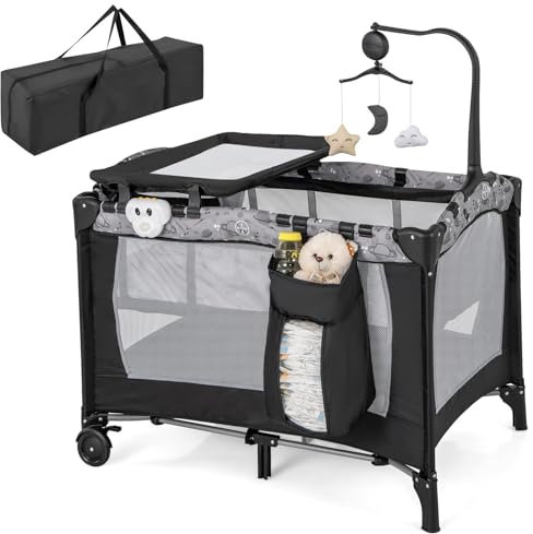 COSTWAY 3 in 1 Beistellbett klappbar, Reisebett mit Matratze, Hängespielzeug, Spieluhr, Wickeltisch & Tragetasche, 2 Ebene Babybett mit Rollen für Baby bis 36 Monaten (Grau)