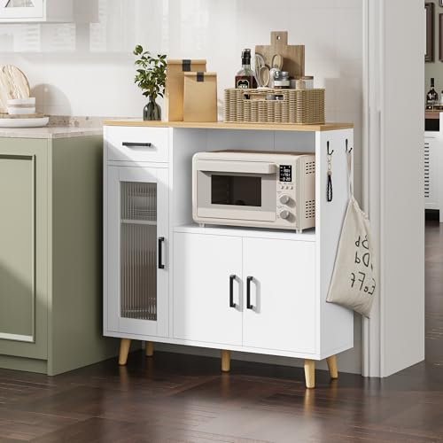 YITAHOME Sideboard Küche, Sideboard Holz, Buffetschrank, Anrichte, Sideboard Weiss, Küchenschrank mit Mikrowellenregal Glastüren und Schubladen, Aufbewahrungsschrank für Esszimmer (Weiss)
