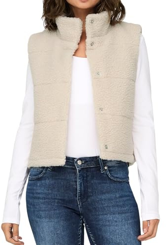 ONLY Damen kurze Teddy Weste ONLSandra Life Kunstpelz Damenweste mit Stehkragen 15320630 Pumice Stone S
