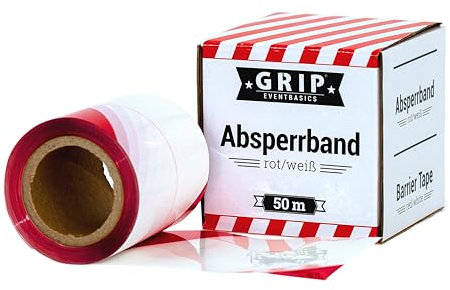 GRIP Eventbasics Absperrband reißfest, rot-weiß gestreift, 50 m x 70 mm, PE Absperrband im Abrollkarton, Flatterband nicht klebend, rot-weiß