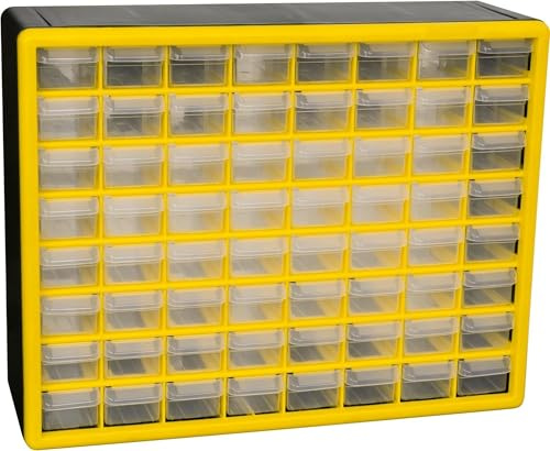 Akro-Mils 10164 64-Drawer Plastic Drawer Storage Cabinet for Garage Organization, Teacher Toolbox, Makeup Organizer, and More, 50.8 cm W x 16 cm D x 40.6 cm H, Yellow