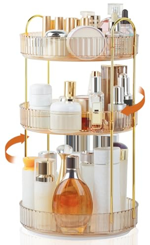 Boxalls Organizador de Maquillaje Giratorio, Organizador de Baño de 3 Capas, Almacenamiento de Cosméticos de Gran Capacidad de 360 Grados, Organizador Giratorio de Tocador (3 Niveles, Ámbar)