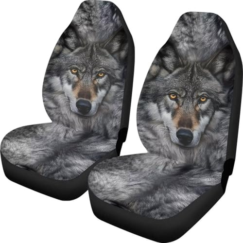 Buybai 2 Pack Wolf Car Seat Cover Set Durable Grey Car Cover Set Anti-Slip Seat Cushion Cover Accessories Fit Most Truck Vehicle Sedans SUV Van