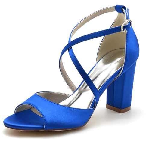 smlekwc Mujer Correa Cruzada Zapatos De Vestir De Boda Peep Toe Sandalias De Novia De Satén Tacón Alto De Bloque Zapatos De Noche Fiesta De Graduación,Azul,43 EU