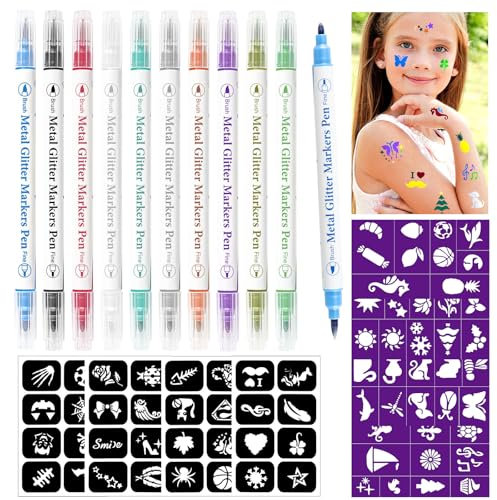 RAZET Penne per Tatuaggi Temporanei per Bambini 10pcs Tattoo Pen -72pcs Fogli Stencil Tattoo,Tattoo Temporanei Marker Lavabile - per Bimbi Ragazze Ragazzi Adulta Carnevale Halloween Compleanni Festa