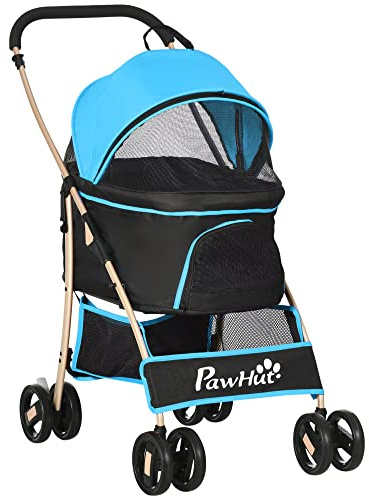 PawHut Passeggino per Cani 3 in 1 Pieghevole Convertibile in Borsa da Trasporto, Seggiolino Auto con 2 Guinzagli, Cuscino, Passeggino per Animali in Acciaio, Tessuto Oxford, 82x49.5x98cm, Azzurro