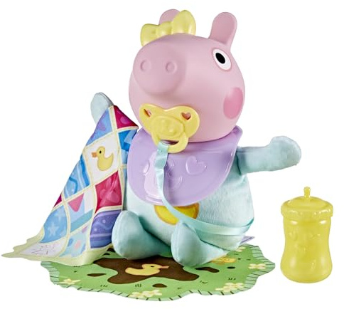 Peppa Pig Grunz und Kuschel Evie interaktive Babypuppe, 28 cm große Puppe für Mädchen mit 20 Geräuschen und vielen Funktionen, Spielzeug-Set für Kinder ab 3 Jahren