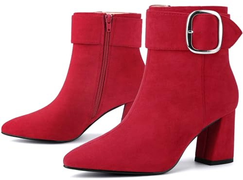 Perphy Square Buckle Chunky Heels Pointed Toe Ankle Boots for Women Red 7 UK/Label Size 9 US