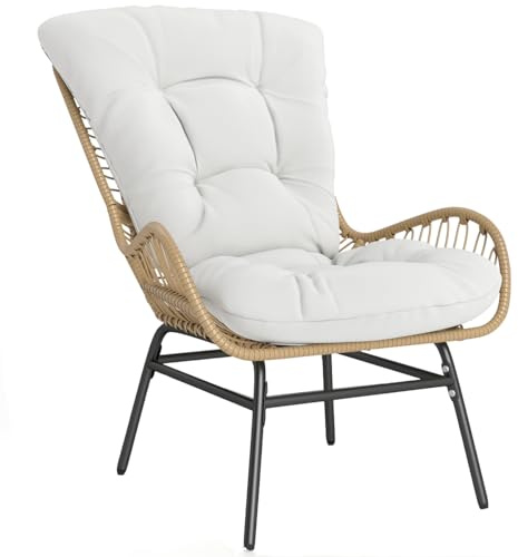 LIFEZEAL Sedia da Giardino in Rattan, Poltrona Moderna da Esterno con Cuscino Imbottito e Braccioli Curvi, Sedia da Sala da Pranzo con Piedi in Metallo per Terrazza, Balcone, Patio, Carico 180 KG