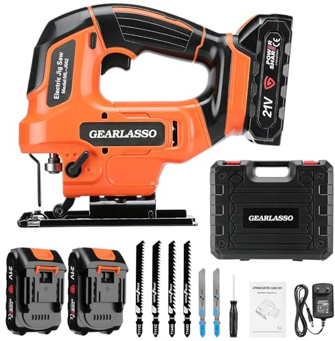 GEARLASSO Cordless Jig Saw 21V with 2×2.0Ah Batteries, 2800 RPM Variable Speed Jigsaw for Wood & Metal, 4 Orbital Settings, 0–45° Bevel Cut, LED Light, Tool-Free Blade Change
