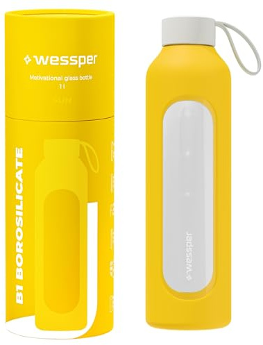 Wessper glasflaska med silikonhölje, borosilikatglasflaska med tidsangivelse 500 ml, sportflaska Perfekt för träning, skola, sport, barn, BPA-fri drickmotivation – Gul