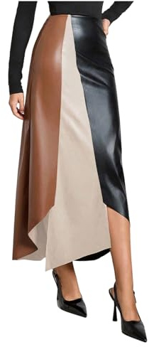 SOLY HUX Women's Color Block Faux Leather Skirts High Waisted Asymmetrical Long Skirt Khaki Black Multi Medium