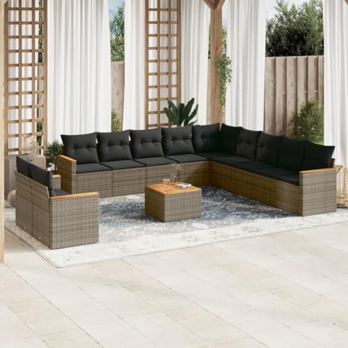 QJBSAVVA Salon de jardin 12 pièces - En polyrotin - Gris - 62 x 62 x 69 cm - Banc d'angle + canapé central et table en acacia - Groupe de sièges modulaires d'extérieur pour jardin, balcon, terrasse