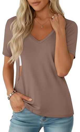 Sweetyweee Women's Nursing Breastfeeding Shirts with Hidden Zipper Maternity V Neck Short Sleeve Tops Loose Pregnancy Tees(Coffee,Large)