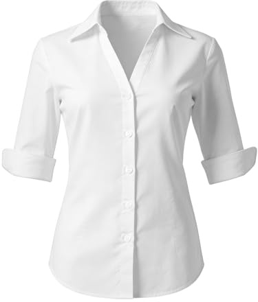 Growmax Womens Shirts 100% Cotton Button up Shirt V-Neck Womens Blouses 3/4 Sleeve Blouse for Women Work Office Business Casual White Shirt