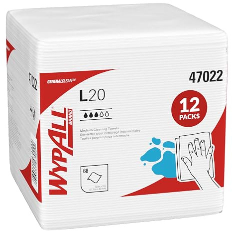 WypAll GeneralClean L20 Cloths Medium Cleaning Wipes (47022), Quarterfold Towels, Bulk Paper Wipers, White (12 Boxes of 68 Sheets, 816 Sheet Total)