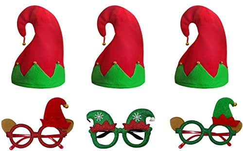 Carnavalife Pack 6 Gorro de Elfo Papá Noel y Marco de Gafas de Fiesta Año Nuevo, Accesorios para disfraz de Navidad (Elfo pack)