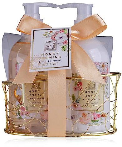 Accentra Set doccia da donna Honey JASMINE in un bellissimo cestello metallico, 2 pezzi con gel doccia e lozione per il corpo, set regalo per compleanno, San Valentino e Natale