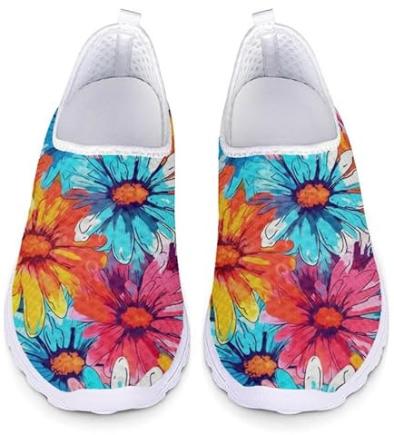Kuiaobaty Color Paint Daisy Women Mesh Walking Shoes Home Workout Sneakers Flowers Floral Lightweight Slip on Trainers for Gym Yoga