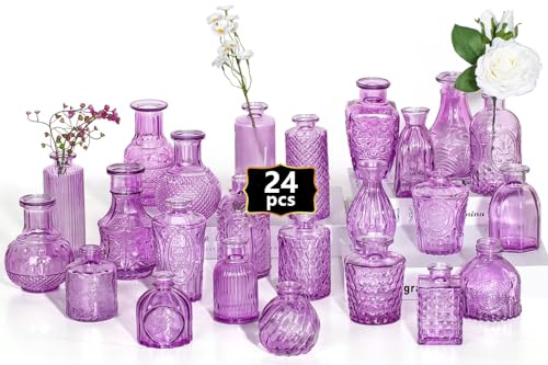 24 Mini Bud Vase Glass Set as Wedding Centrepieces for Tables, Clear Vintage Vases for Flowers, Small Flower Vases Suitable for Table Decoration Birthday Party, Wedding, Baby Shower (24, Purple)