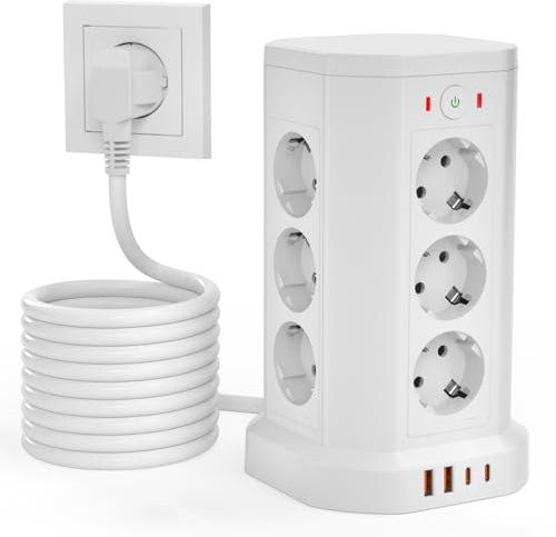 Ciabatta elettrica 16-IN-1 con presa multipla USB, protezione da sovratensione con interruttore, 12 prese con 2 USB-C e 2 USB-A per ufficio, cucina, tavolo