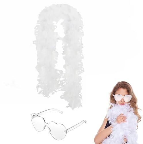 White Feather Boa, 2m/6.6ft 105g Natural Turkey Feather Boas With Heart Sunglasses, Fancy Dress Crafts White Feathers Suitable For Women,Girls,Dancing Wedding Easter Party Cosplay Accessory Home Decor