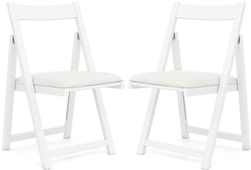 TANGZON Folding Chairs Set of 2/4, Fabric Padded Dinning Chairs with Rubber Wood Frame & Backrest, Foldable Easy Storage Event Hall Guest Seats for Home Office Dining Living Room (2PCS, White)