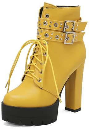 JMdfcqer Mode Bottines à Talons Hauts pour Femme Fermeture Éclair Plateforme Bottes avec Clous et Boucle à Bretelles,Jaune,35 EU