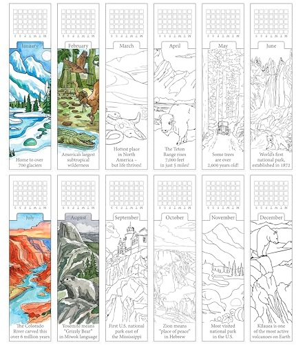 12 Monthly National Parks Paintable Bookmarks Landscape Watercolor Painting Color Your Own Bookmarks Inspirational Reading Tracker DIY Crafts Gifts for Book Lover Student Teacher Stationery Supplies