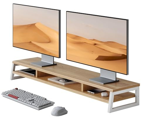 Fenge Dubbelt bildskärmsstativ, skrivbordsorganisatör, 108 cm, mörk ek | Datorskärmförstärkare, PC-skärmstativ, för dator/skrivare/TV, 108 x 25,5 x 13,7 cm, 45 kg belastning