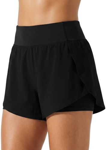 Aolso Shorts de Natación Mujer, Bikini Verano Short Pantalones Cortos, Shorts de Playa Secado Rapido con Bolsillos y Control de Abdomen para Playa Surf Vacaciones Deportes Acuáticos y Exterior-M/L