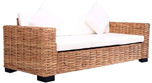 Festnight Sofa Jardin Exterior/Sofá de 3 Plazas para Jardín, Ratán Natural 200 x 80 x 67 cm